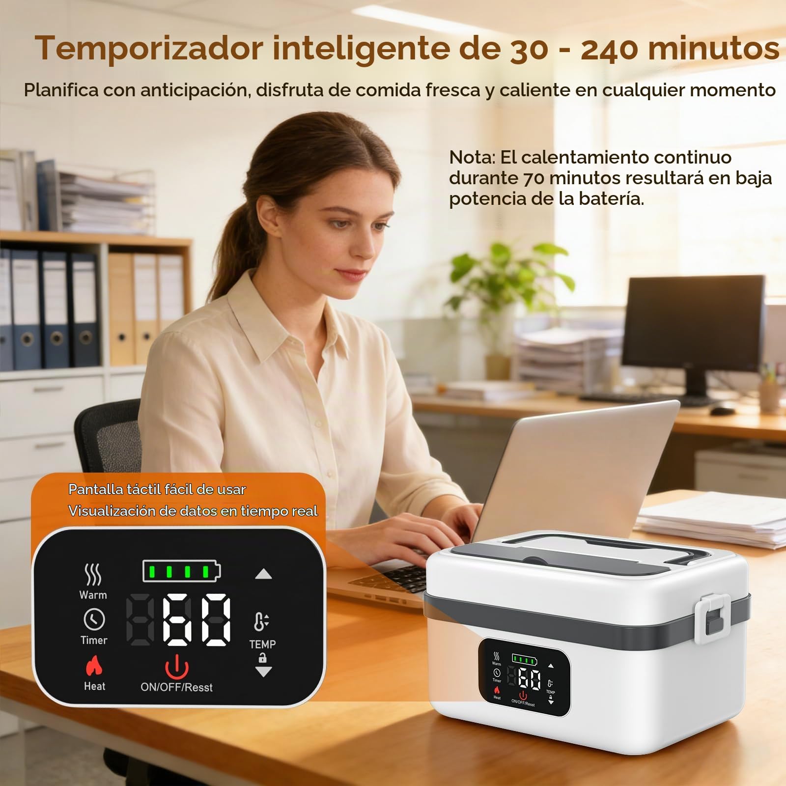 Fiambrera Electrica,Calentador de Comida Portatil 1L para Comida con Pantalla Táctil,Taper Termico Comida Caliente con Vajilla de Acero Inoxidable y Bolsa Aislante para Coche caja calefactora