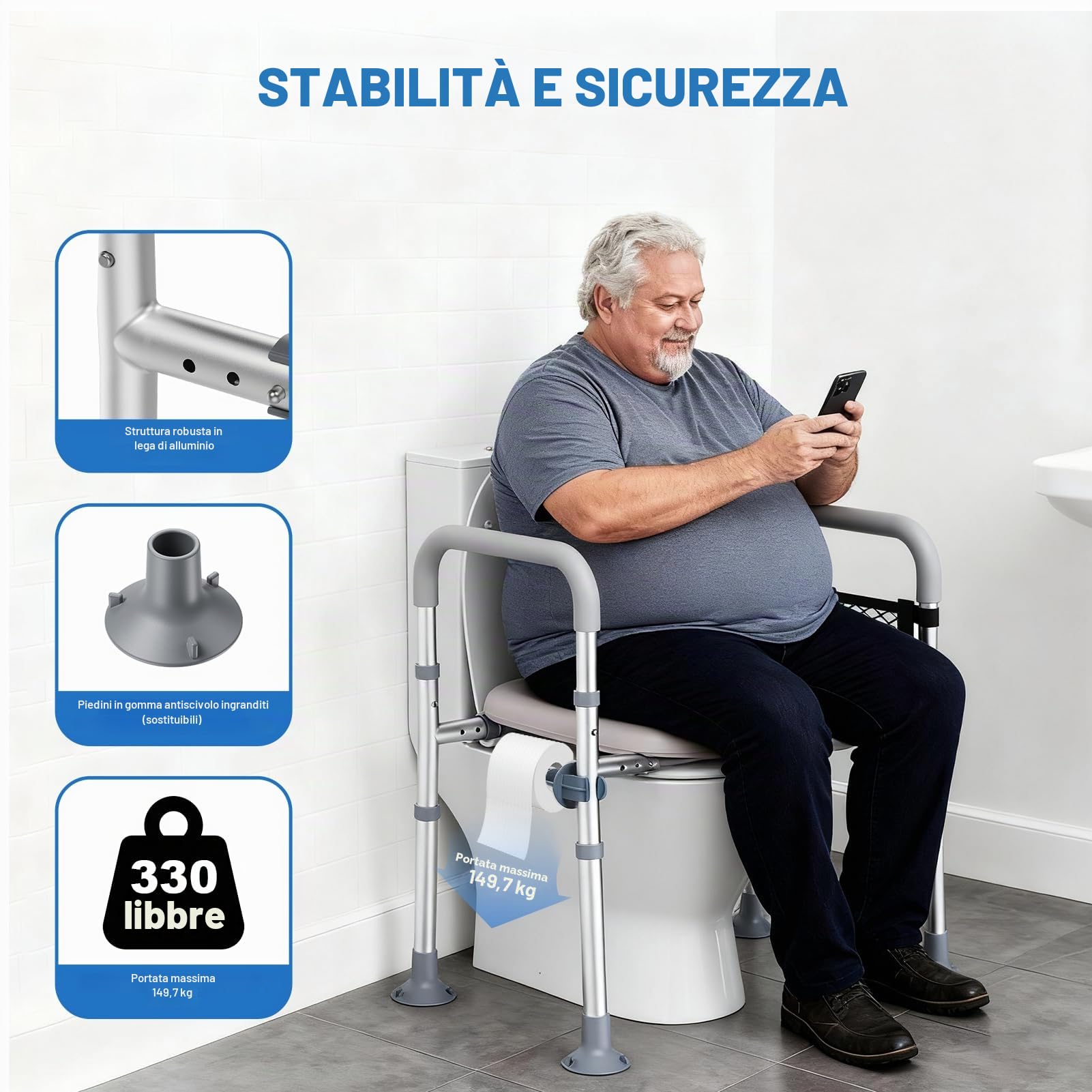 Rialzo WC per Anziani, Alzata per WC con Altezza e Larghezza Regolabili, Alza Water x Anziani con Braccioli per Anziani, Seduta Imbottita e Telaio in Alluminio, Adatto a Qualsiasi WC, Portata 150 kg