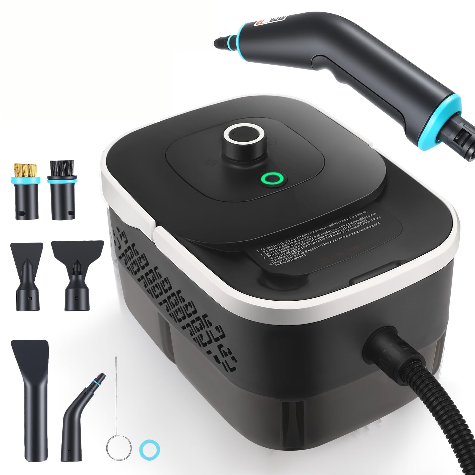 Pulitore a Vapore Portatile 2500W, 4.5BAR Alta Pression, Riscaldamento 15s, Serbatoio 1250ml, 9 Accessori, 2m Tubo - Per Cucina, Auto, Pavimenti, Finestre, Barbecue con 3 Livelli Vapore