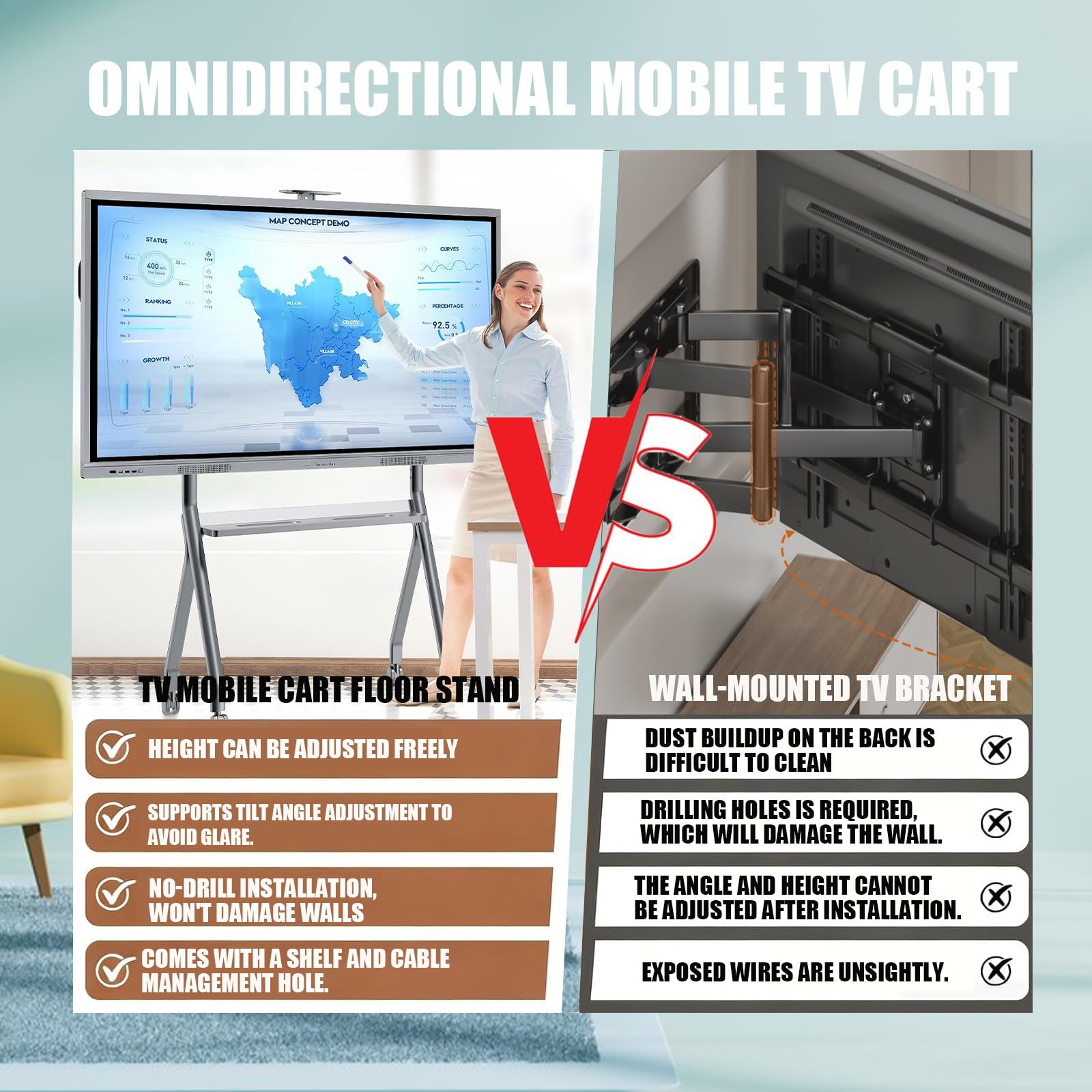Supporto TV Portatile su Ruote con bloccaggio di Sicurezza, Base Extra Large, Perfetto per Famiglie con Bambini e Animali Domestici, Massima stabilità 42"-80"