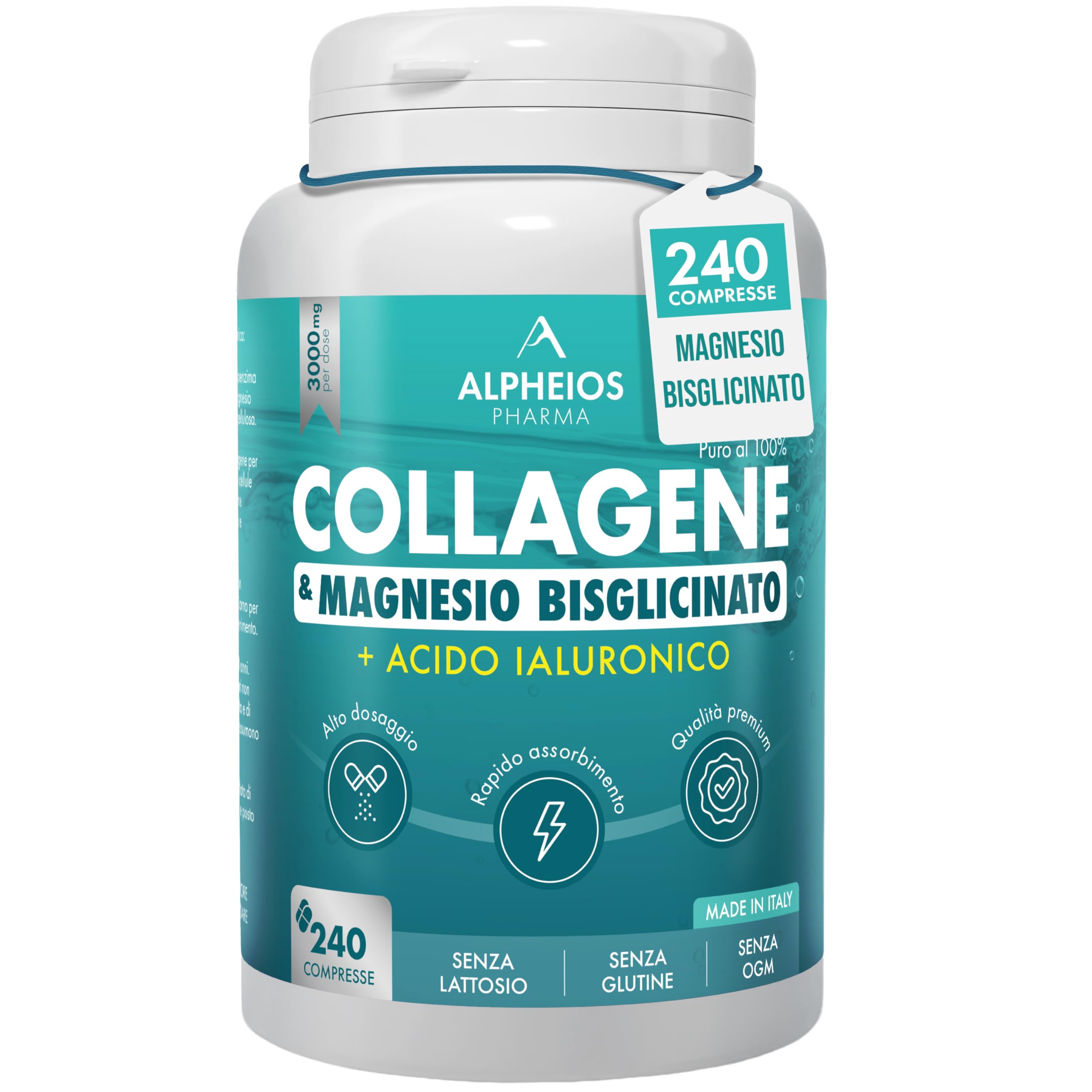 Collagene e Acido Ialuronico + Magnesio Bisglicinato – 240 Compresse, 3000 mg Collagene Idrolizzato con Vitamina C e Coenzima Q10 | Integratore Articolazioni, Ossa, Pelle ed Energia