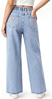 PATPAT Girls Baggy Wide Leg Jeans 5-14Y, Cute Bow Elastic Waist Denim Pants | Bow Embroidery, Loose Fit, Breathable Cotton, 5-Pockets, Durable, Lightweight Feel, Casual Vibe, All-Day Ease, Zipper Fly