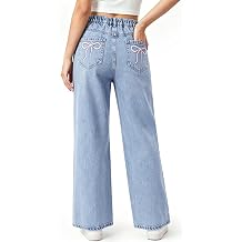 PATPAT Girls Baggy Wide Leg Jeans 5-14 Years, Cute Bow Embroidery Elastic Waist Denim Pants with Zipper Fly, Y2K Streetwear