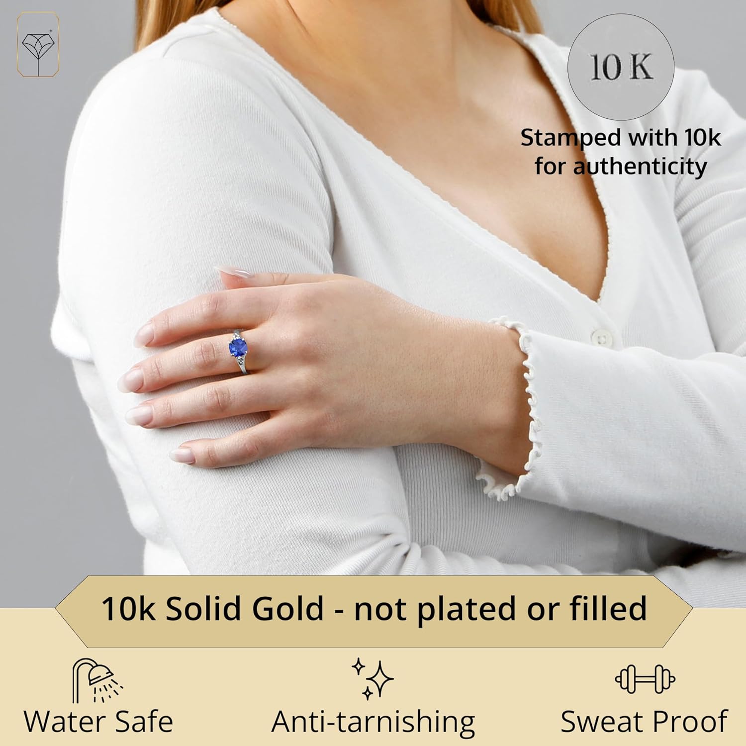 MAX + STONE 10k Gold Gemstone Rings for Women | Cushion Cut Three Stone Ring | Anti Tarnishing Birthstone Rings | Cocktail Ring with Gift Box in Size 5 to 9 - Image 3