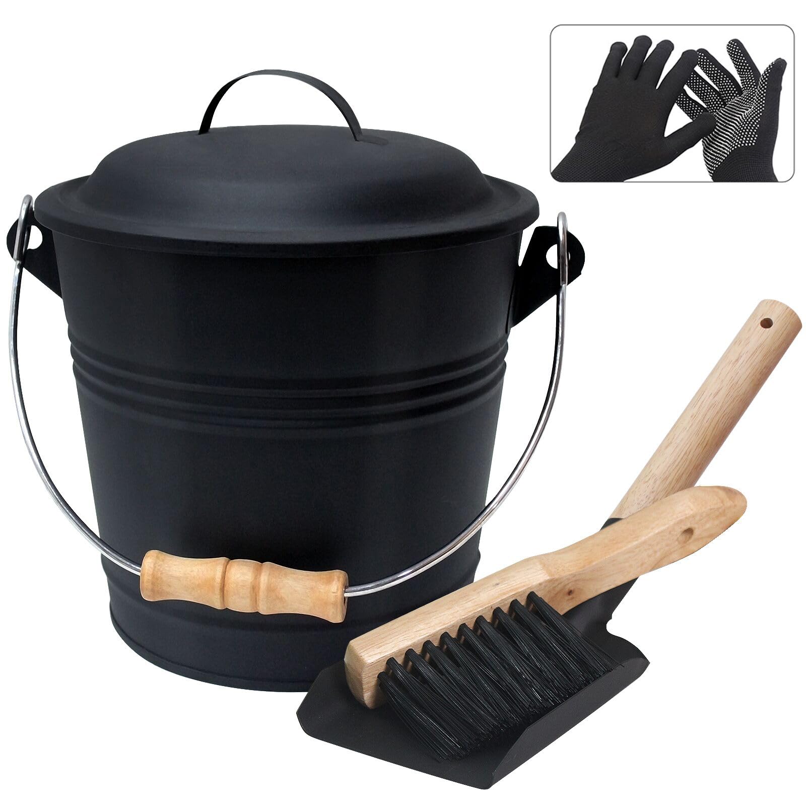 BRIAN & DANY Ash Bucket for Fireplaces, Coal Bucket with Lid, 5L Metal Buckets for Hot Ash with Shovel and Hand Broom