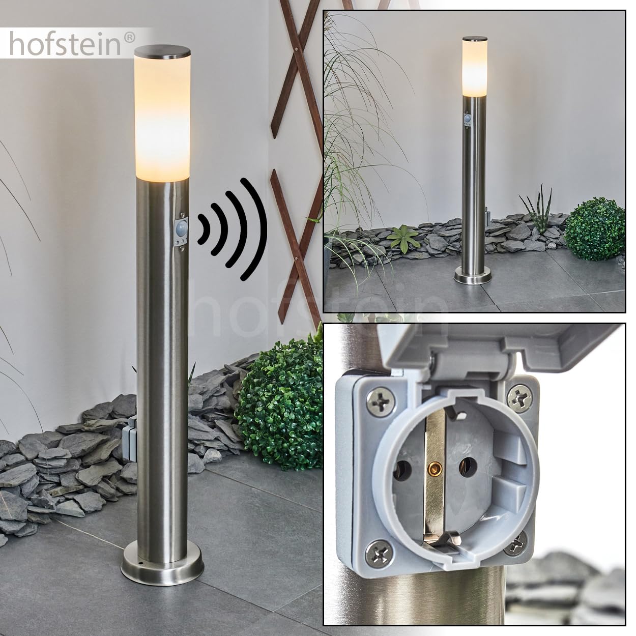 HOFSTEIN Caserta lampa zewnętrzna z czujnikiem ruchu, nowoczesna lampa cokołowa z metalu/tworzywa sztucznego w kolorze niklu/bieli, lampa ścieżkowa 80 cm, lampa ogrodowa, E27, oświetlenie ogrodowe