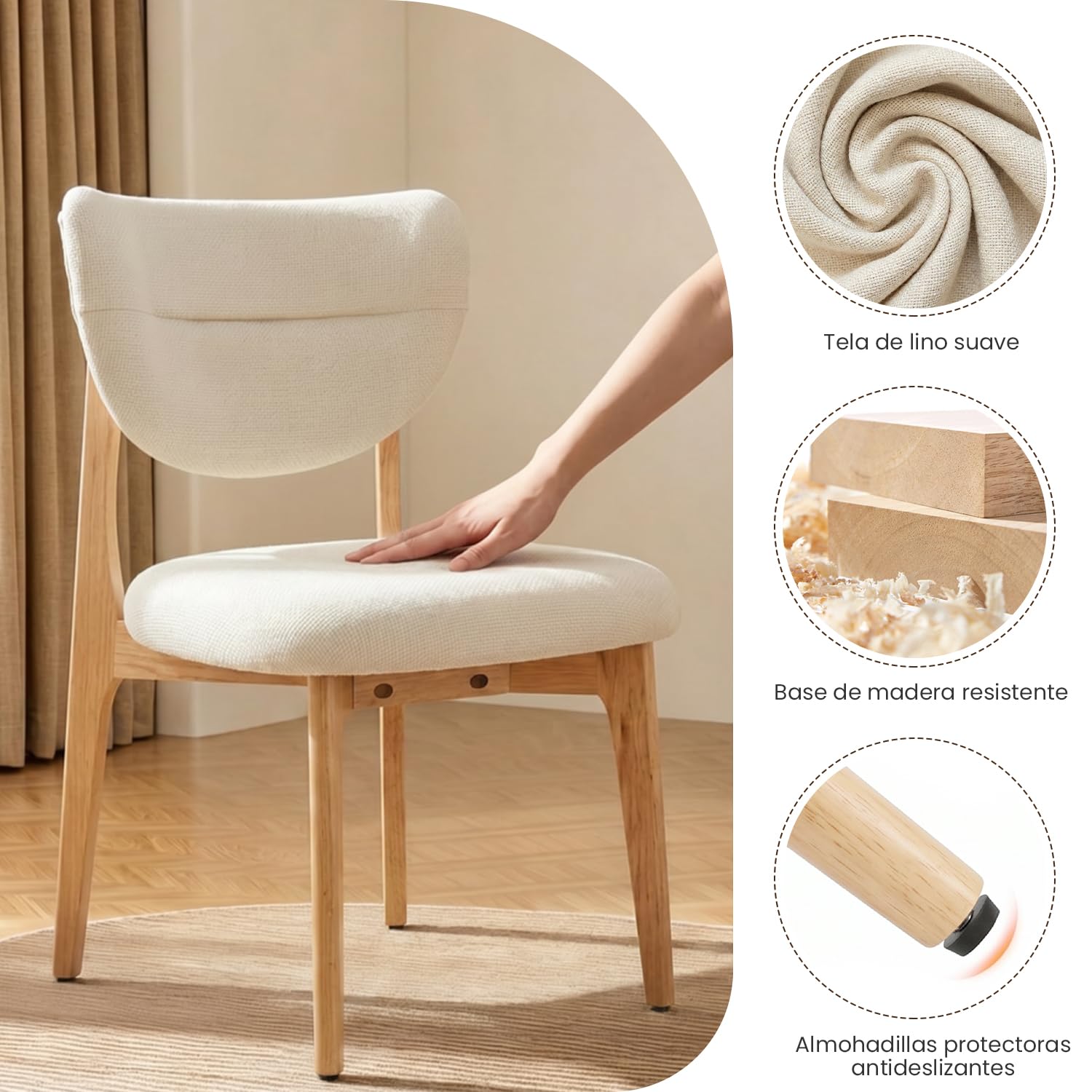 Silla de Comedor Tapizada de Madera,para Cocina, Dormitorio,Sala,Pack 2 | Estructura de madera maciza, Cojín de espuma de alta densidad, Diseño ergonómico antideslizante, Carga 120kg nat_beige