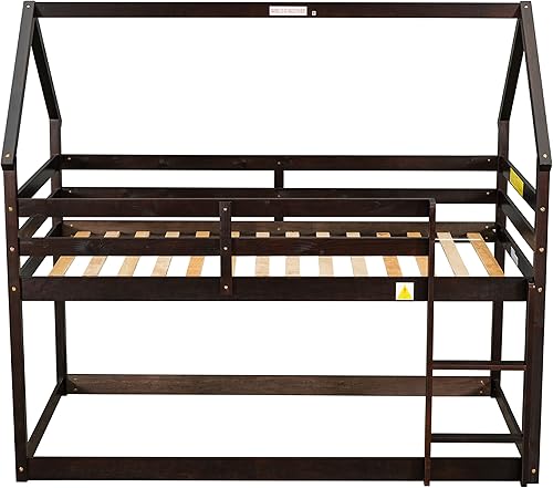Miniatura 13 de Litera baja individual sobre individual, base de cama de madera maciza con escalera y barandillas de seguridad, literas individuales para niños y