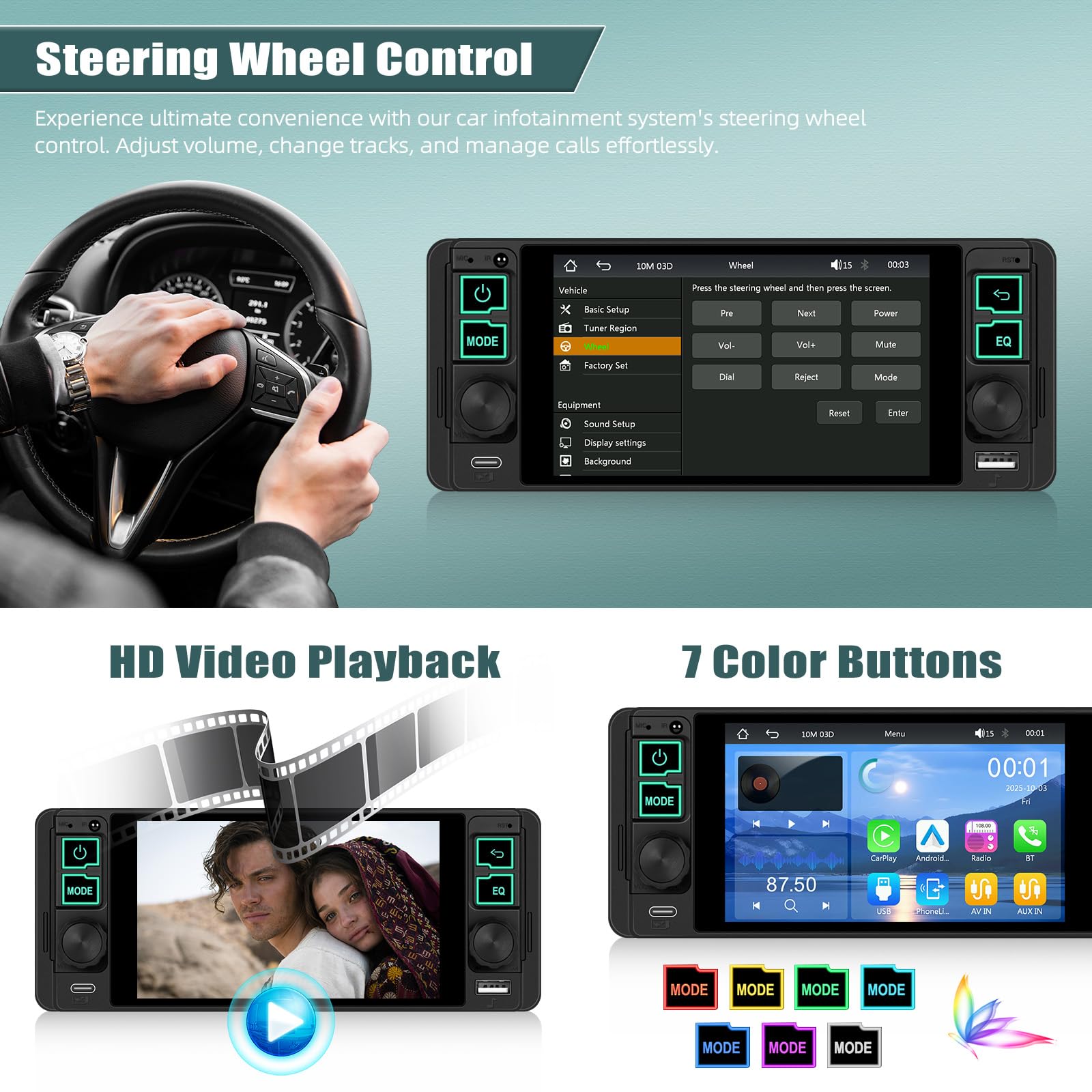 1 Din Autoradio mit 5.1 Zoll Bildschirm mit Wireless Carplay Android Auto, Bluetooth 5.2 Freisprecheinrichtung HD Display Radio mit Mirror Link USB/AUX FM Radio SWC EQ +MIC