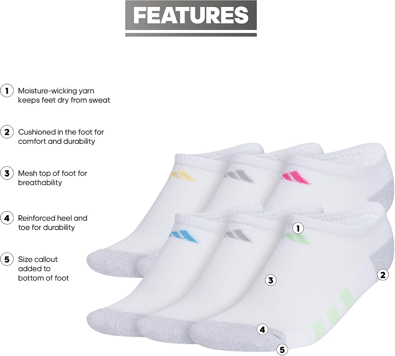 adidas Kids No Show Socks for Boys and Girls (6 Pairs) Durable & Comfortable