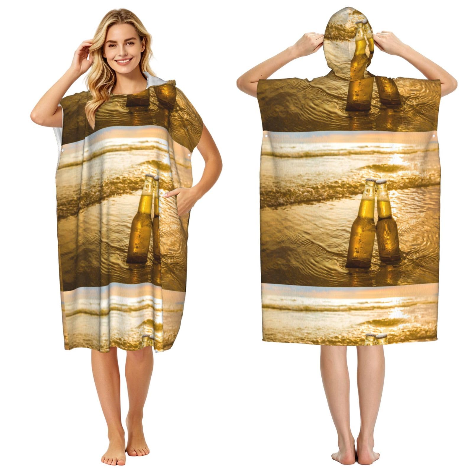 Poadnly Bottles Beer Beach Sunset Time Printed, Adult Hooded Beach Towel 90 x 110 cm,Changing Bath Robe, Surf Poncho Towel For Women Men