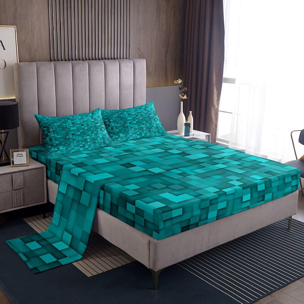 Manfei Pixelated Miners Game Bed Sheets Full Size,Geometric Check Videogame Easy Wash Bedding Set,Gamepad Grid Modern Gaming Boys Girls Room Decor,Teal Sheet(Fitted+Flat+2 Pillowcases) image 3