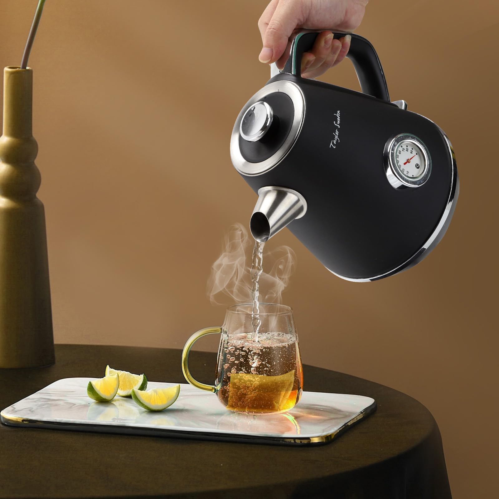 Taylor Swoden Aladin - Hervidor de agua eléctrico retro, 2200W, inalámbrico, diseño retro, 1,7 litros, acero inoxidable, apagado automático, ventana para visualizar la temperatura. | Con indicador de temperatura analógico, indicador de nivel de agua ilumi