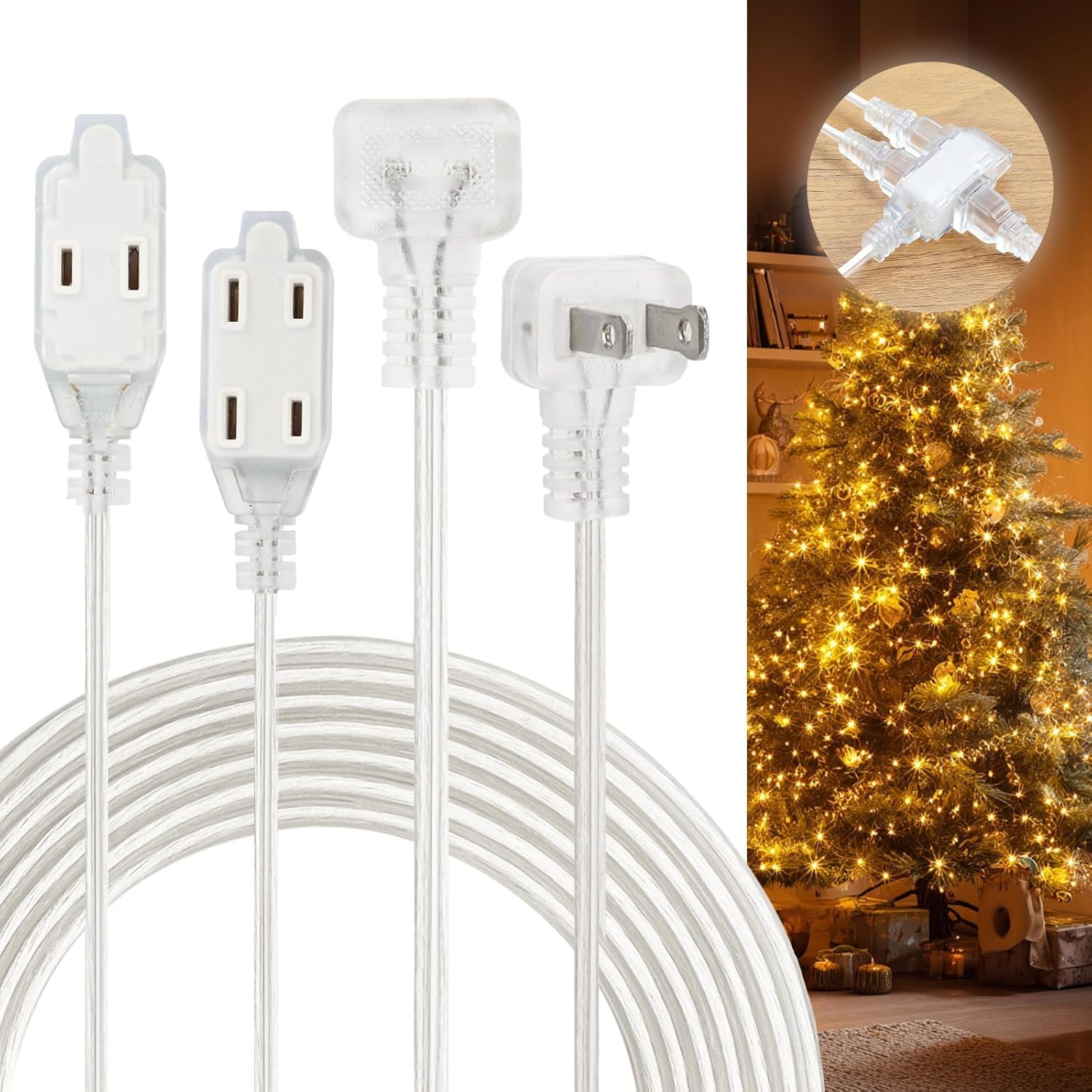 12 FT 3 Outlet Extension Cords 2 Pack, Clear Extension Cord with Multiple Outlets, UL-Certified Clear Extension Cord Indoor Thin, 2 Prong Extension Cords 2×18 AWG 7A 125V