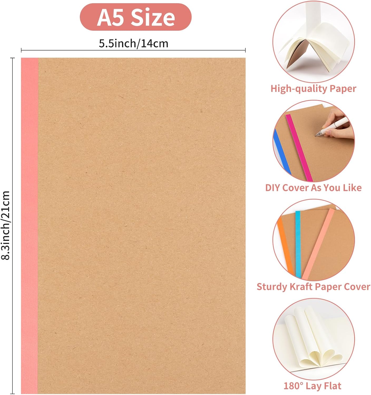 30 Pack Blank Notebook Journals Bulk, A5 Unlined Paper Composition Notebook, 8.3”x 5.5”, Kraft Cover with Rainbow Spines, 15 Colors 60 Pages for School Office Travel