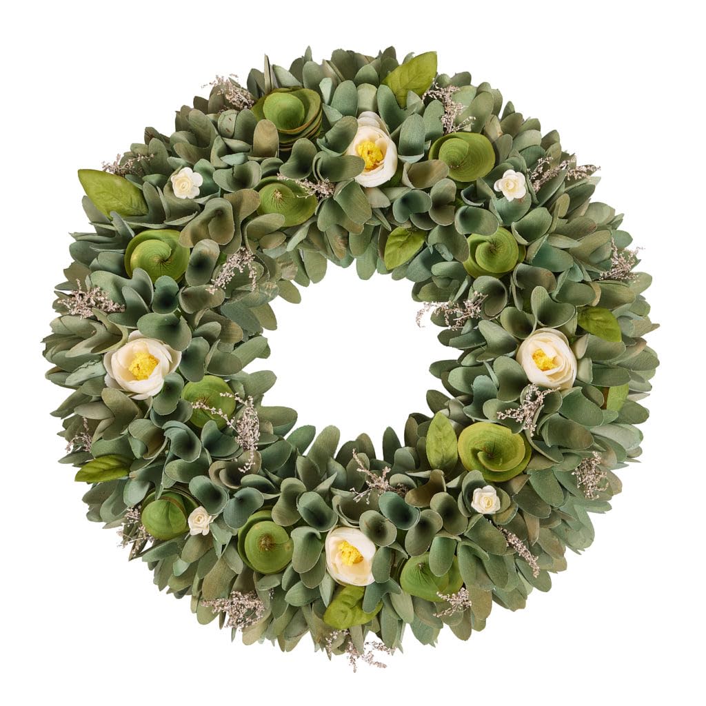 Door Wreath Natural Wooden Garland Ornament Floral Evergreen Wreaths for Front Door Winter Decoration Garden Ornaments Outdoor 35cm (Blue & Yellow)