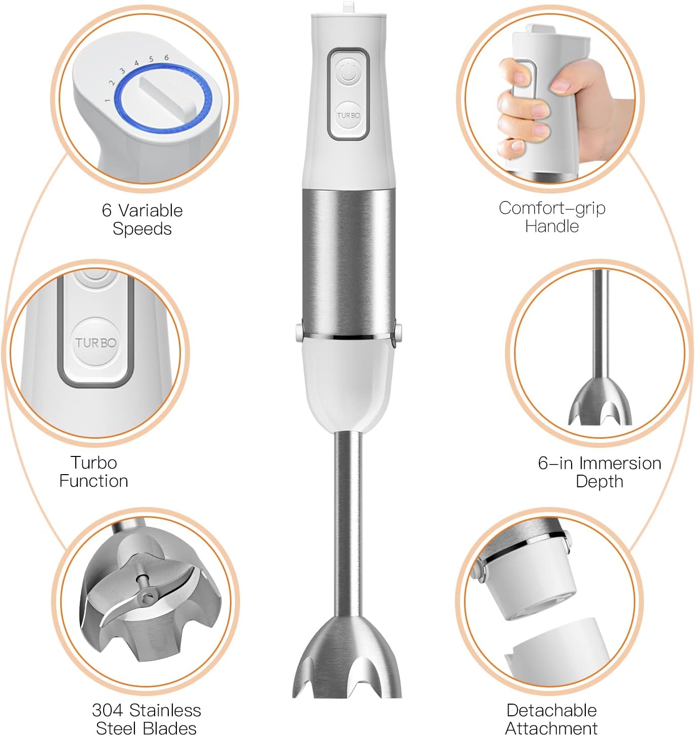 Enfmay 5-in-1 Immersion Hand Blender, 500W 6-Speed Handheld Stick Blender with Stainless Steel Blades,Whisk & Milk Frother, BPA-Free Chopper Beaker for Soups, Smoothies, Sauces, Baby Foods, White