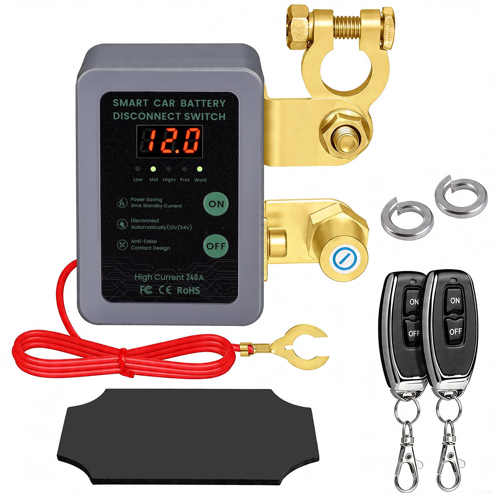 Smart Drahtloser Ferngesteuerter Auto Trennschalter, 12V Batterie Trennschalter 240A, Batterie Kill Switch Anti-Diebstahl mit LED-Anzeige automatische Abschaltung Schalter für Auto, RV, ATV, LKW, Boot