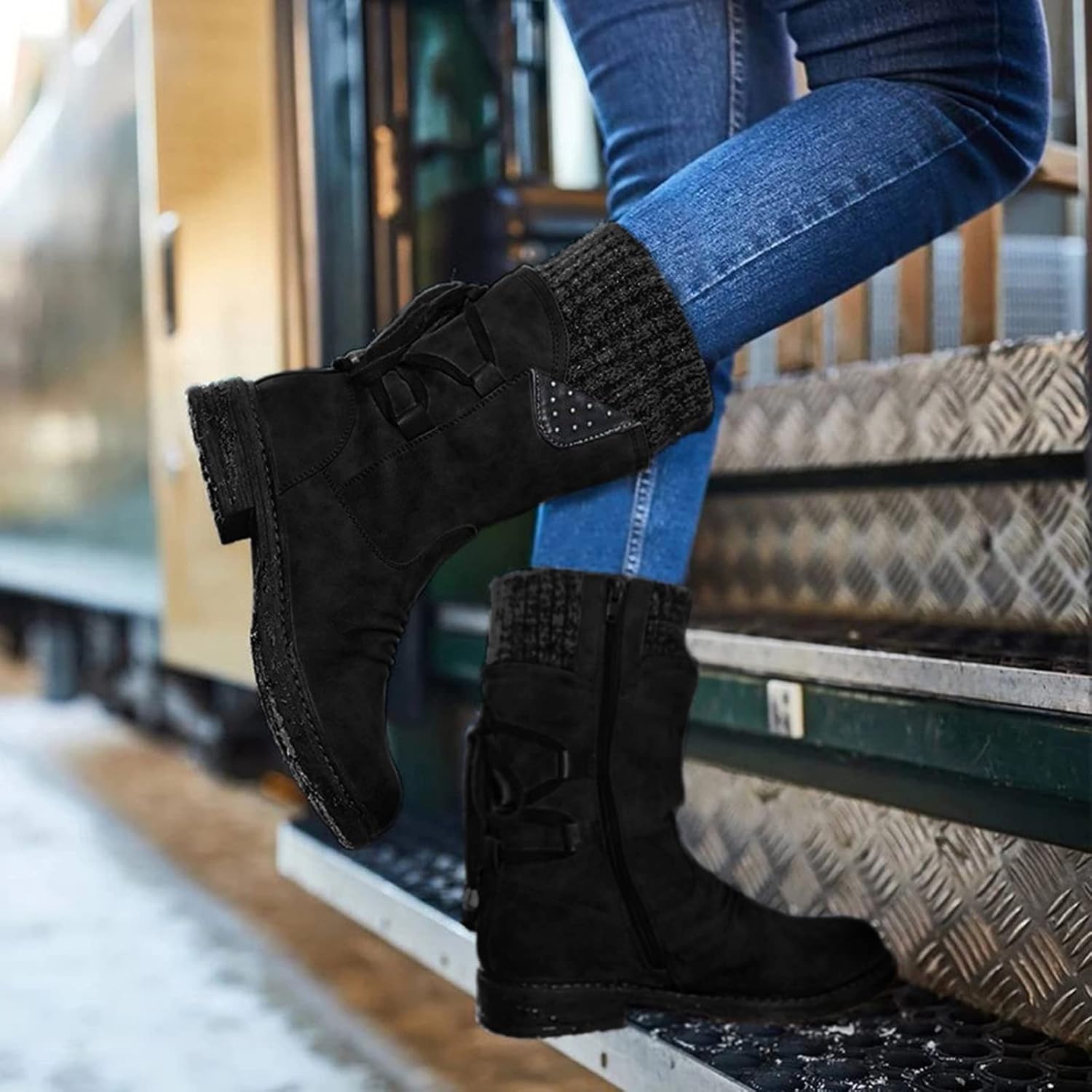 SBGMoSJ Knee High Boots Leather Winter Boots Women Fashionable Leather ...