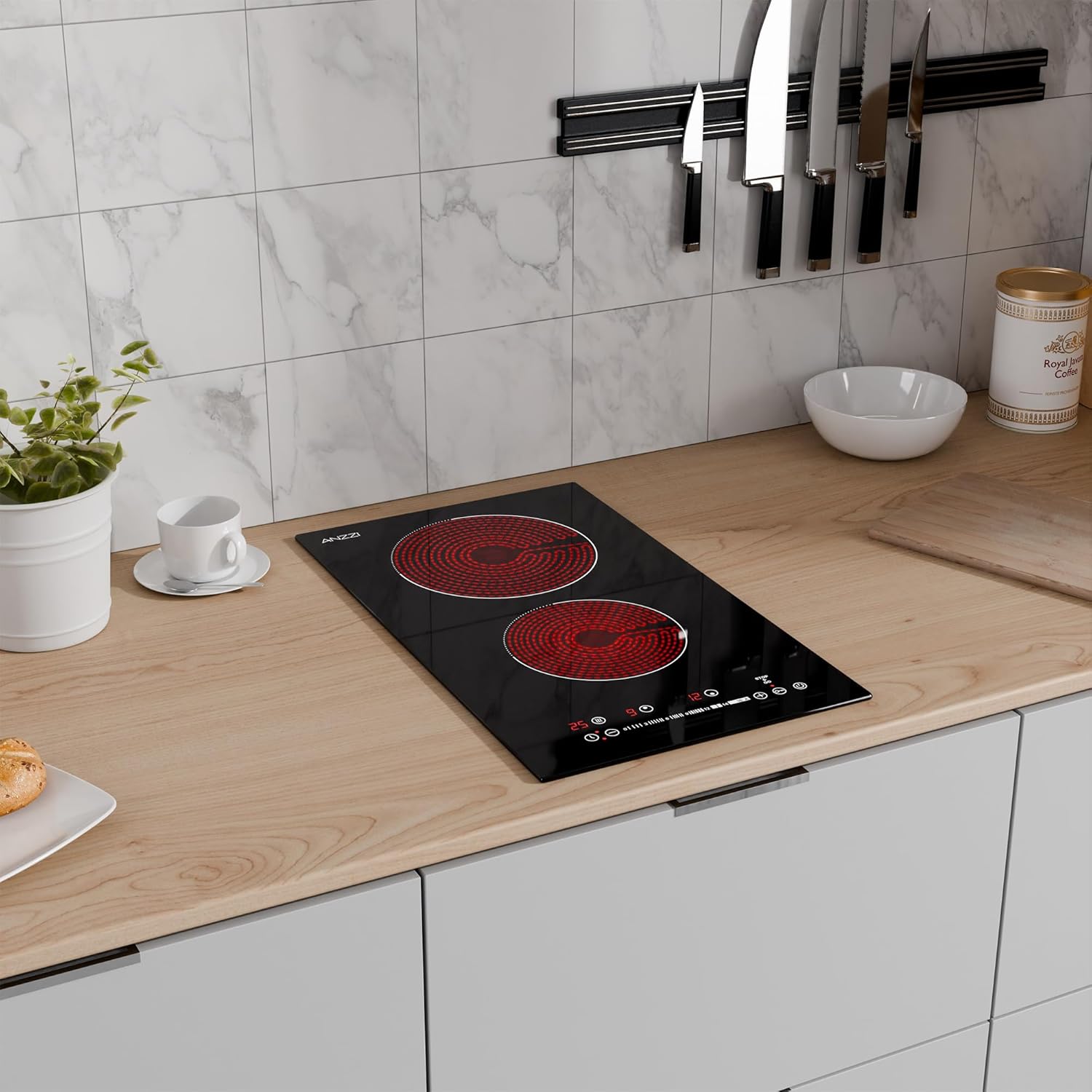 12-In. Electric Cooktop in Black Glass with Dual-Zone Control, Radiant Heating, and Ceramic Hobs for Precision Cooking