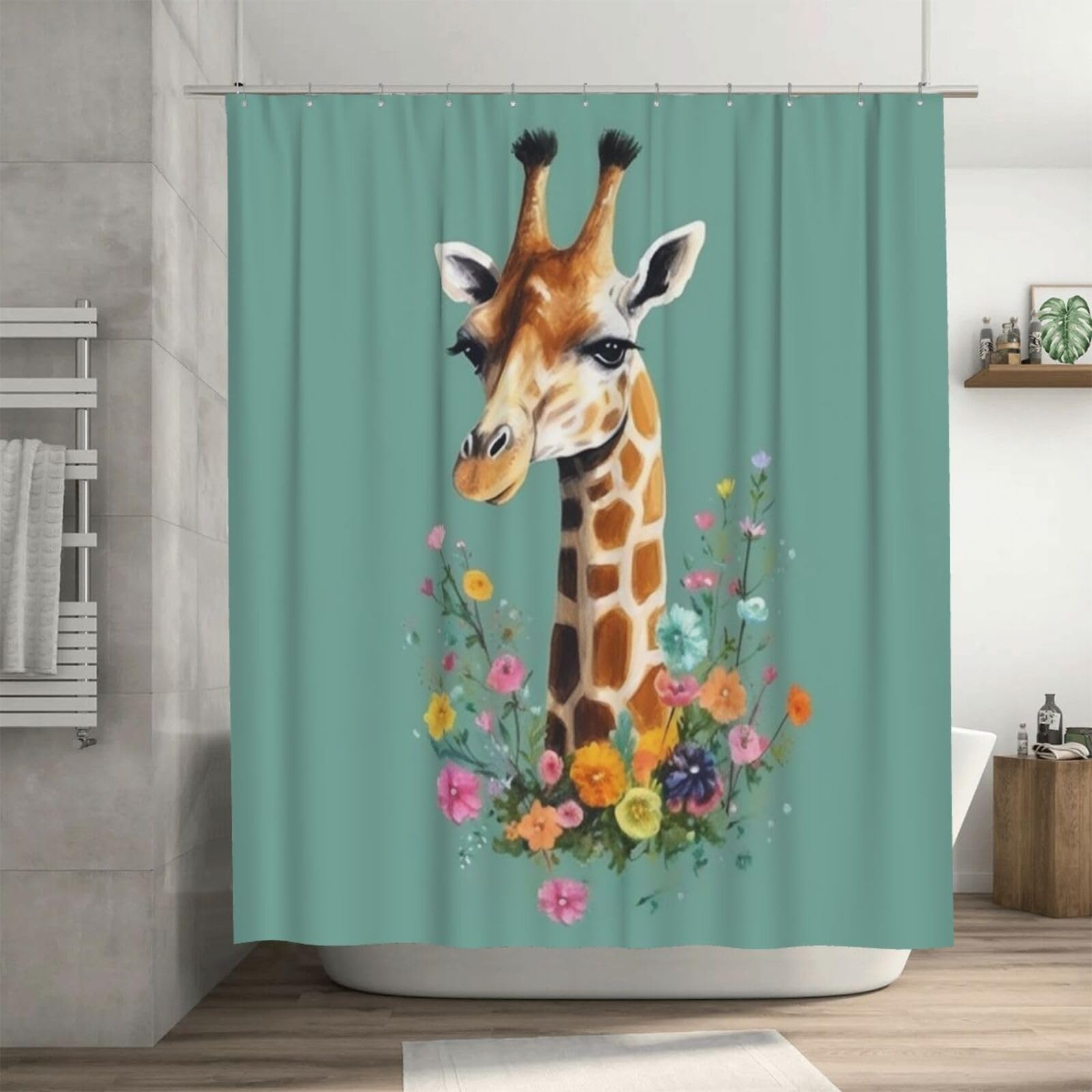Rideau de douche girafe fleuri pour créer une ambiance jungle et nature