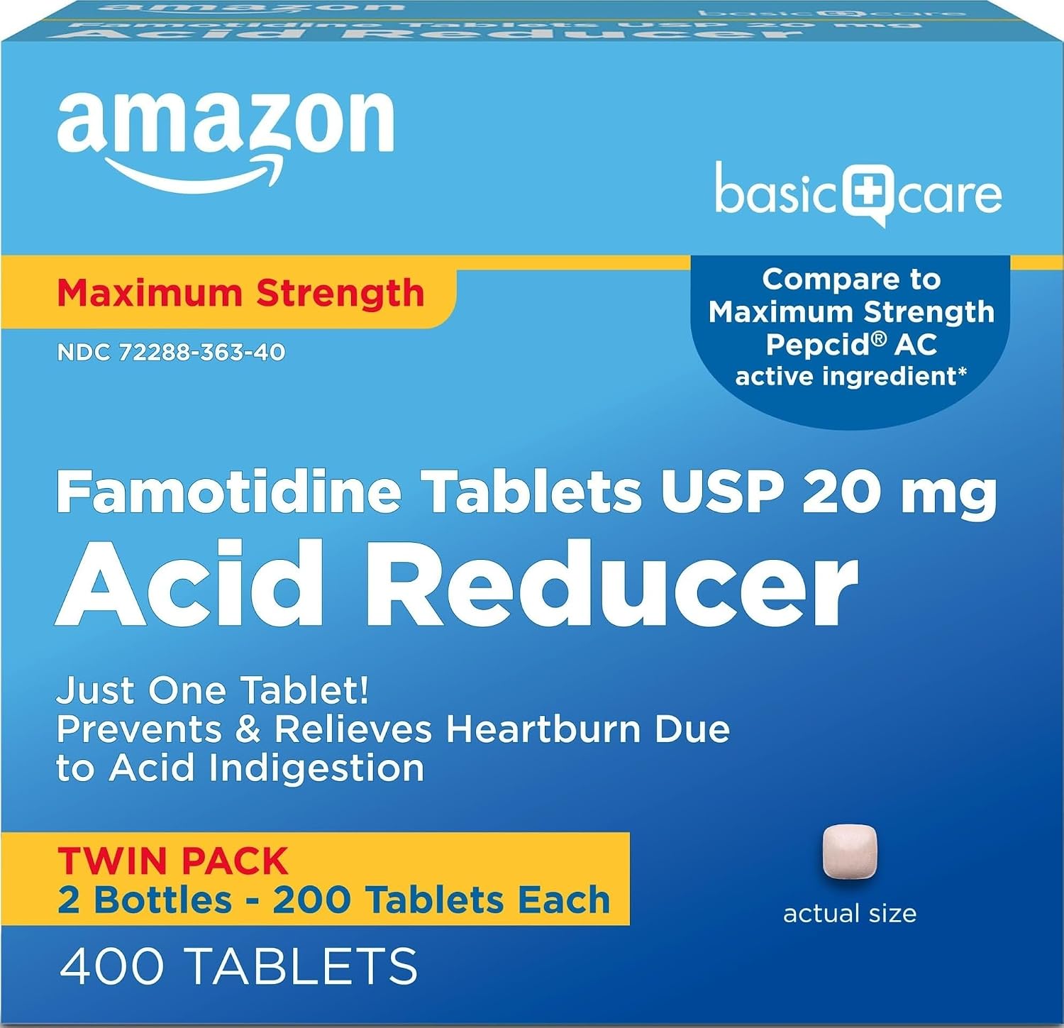 Amazon Basic Care Maximum Strength Famotidine Tablets, 20 mg, Acid Reducer for Heartburn Relief, Prevents & Relieves Heartburn, 400 Count Pack