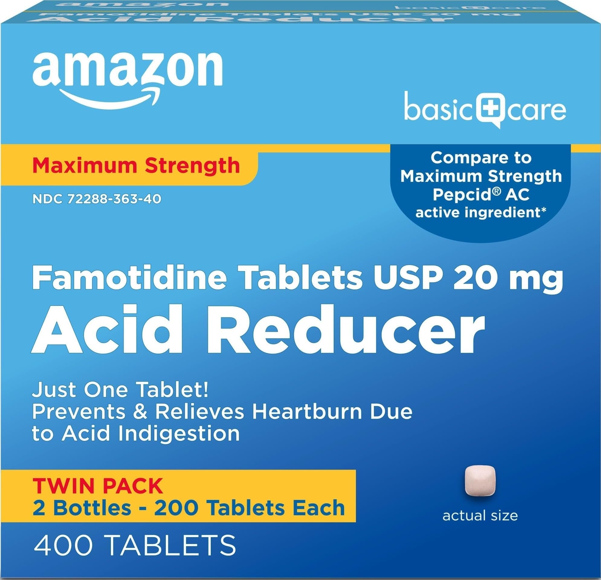 Maximum Strength Famotidine Tablets, 20 mg, Acid Reducer for Heartburn Relief, Prevents & Relieves Heartburn, 400 Count Pack