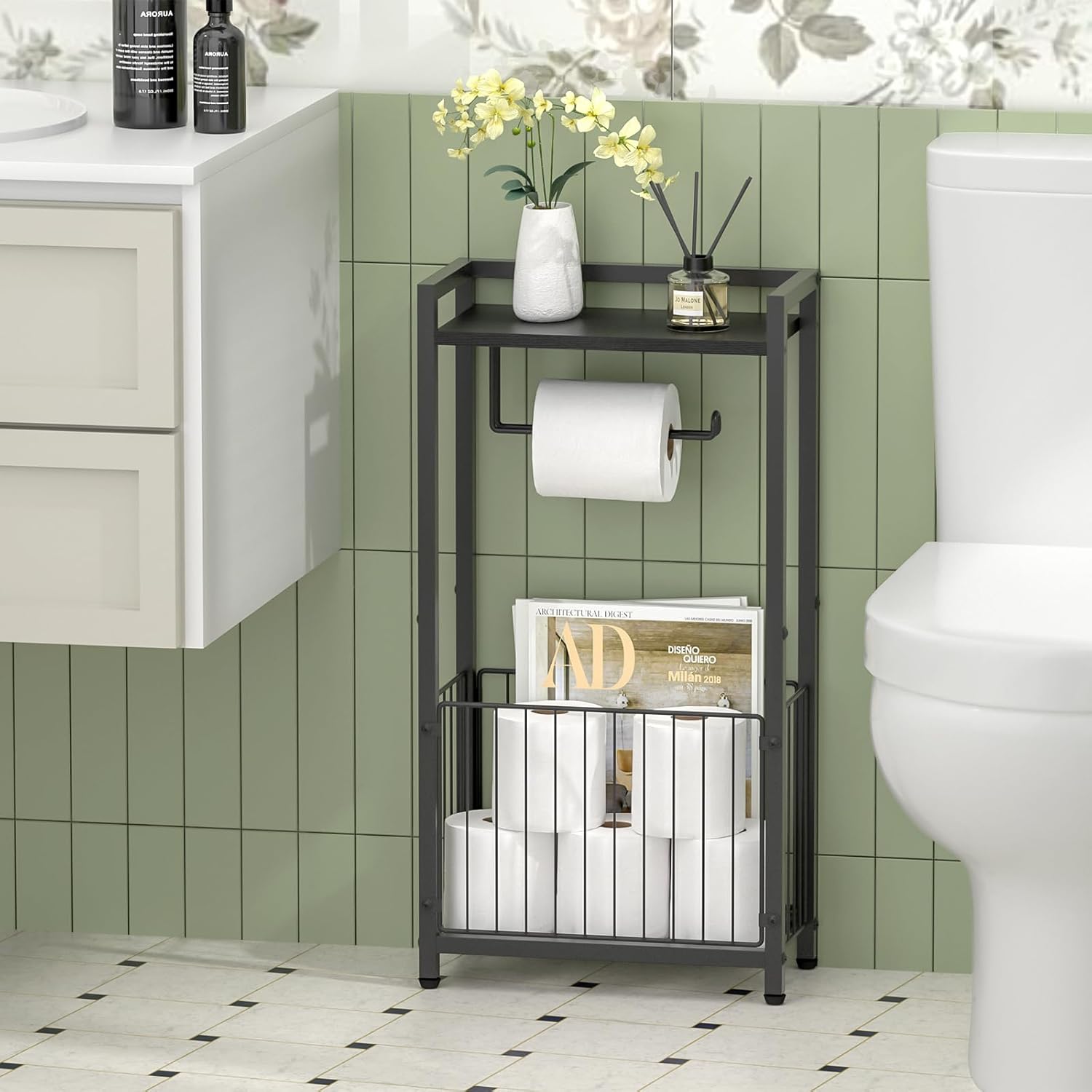 Toilet Paper Holder with Storage Shelf - Freestanding Roll Dispenser for Bathroom, Features Space for Phone, Tablet, and Magazines, Bathroom Organizer for Tissues and More