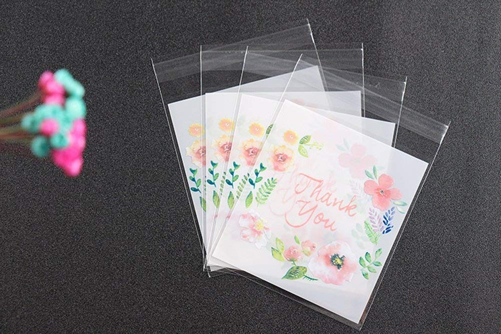(7x7cm) - HugeDE 200 Pcs Rose Thank You Adhesive Treat Bags Self Sealing OPP Plastic Bags for Bakery Cookies 7x7cm