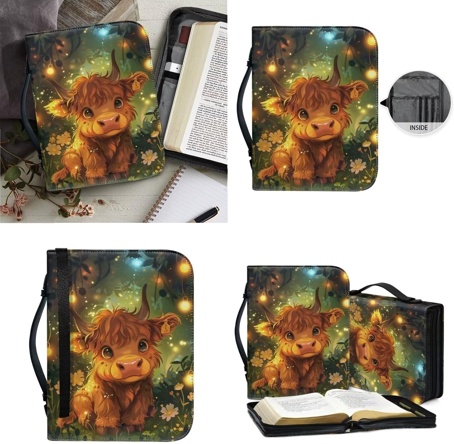 Lotusorchid Highland Cow Print Bible Cover Case for Women with Leather Keychain, Large Bible Book Cover Bible Case Bible Carrying Case with Zipper Handle for Bible Study, Green and Brown, Size XL