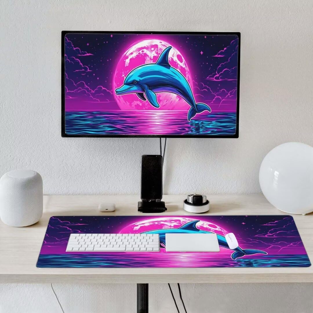 Alfombrilla de ratón 1400x600x3 MM, Alfombrilla Ratón XXL Extendida de Gran Tamaño con Bordes Cosidos, Base de Goma Antideslizante Almohadilla para Teclado, Delfín de la Luna S-12311