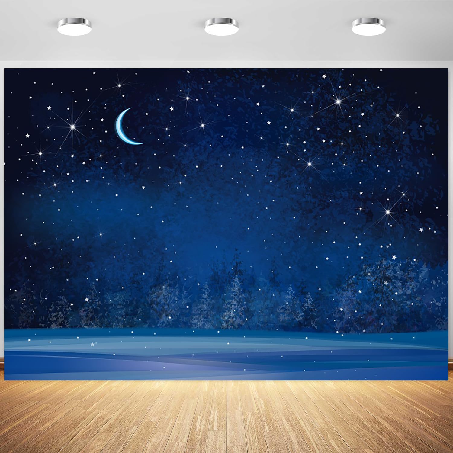 7x5ft Winter Night Snowfall Backdrop Snowflake Wonderland Starry Sky Moon Fir Trees Pine Forest Photography Background Merry Christmas New Year Party