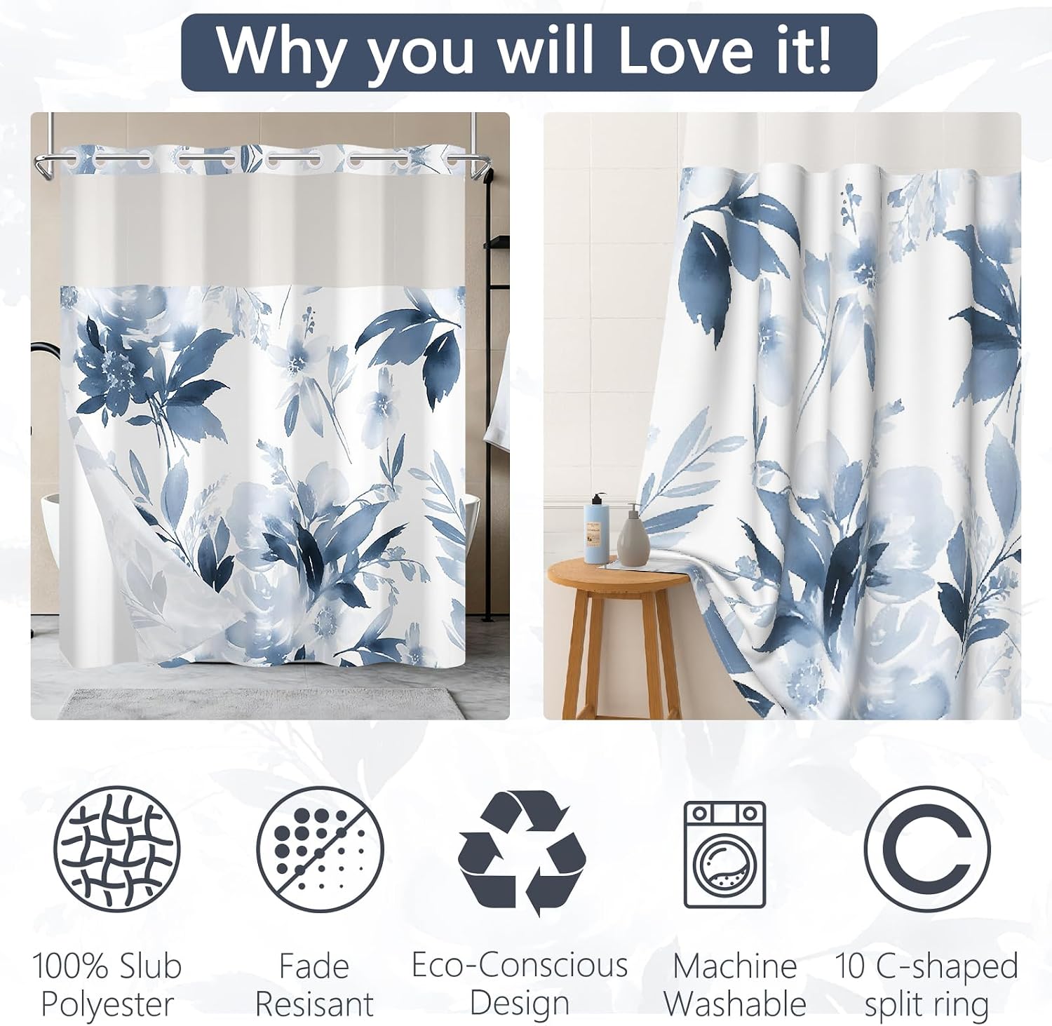 No Hook Shower Curtain with Snap in Liner, Navy Watercolor Indigo Floral with Mesh Top Window, Waterproof Double Layer Modern Elegant Bathroom Decor, 71 x 74 Inch