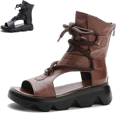Womens Leather High Top Platform Sandals Vintage Casual Open Toe Lace Up Back Zipper Chunky Wedge Booties Comfortable Soft Sole Roman Sandals