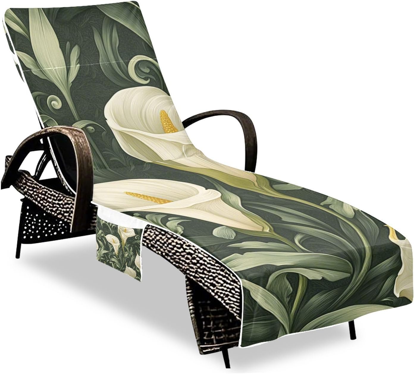 Retro Vintage Calla Lily Flowers Patio Lounge Chair Cover Heavy Duty Outdoor Chaise Lounge Cover with Windproof Straps for Outdoor Pool Beach Sunbathing, 85" X 30"