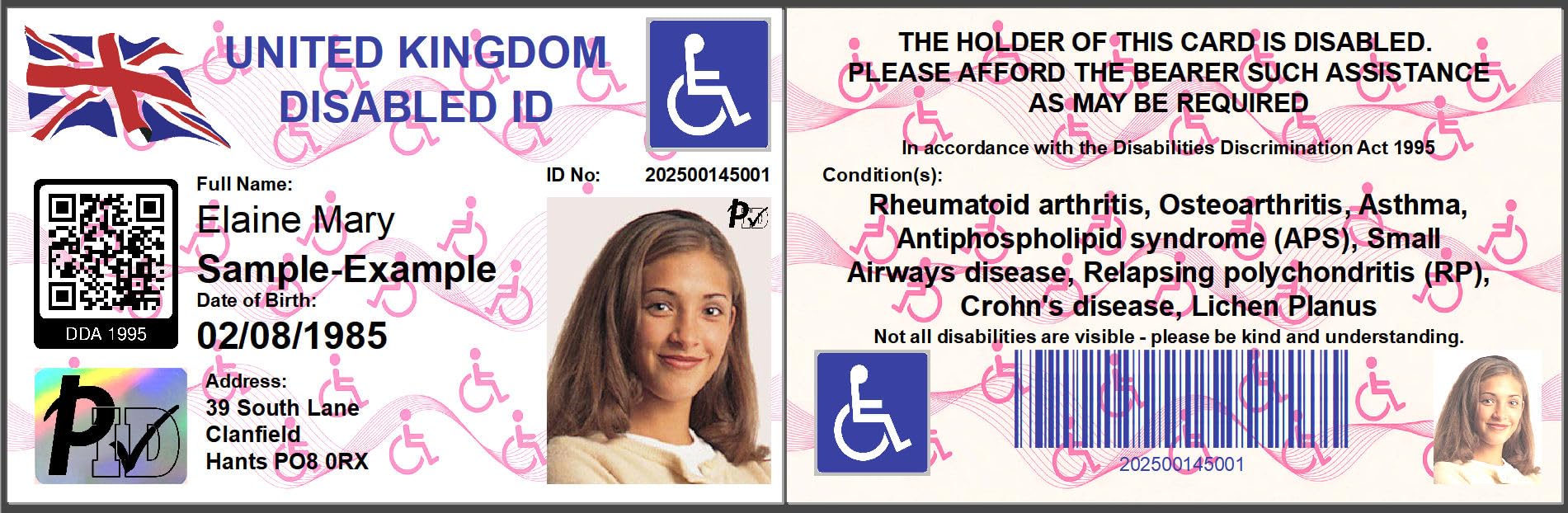 UK Disabled ID Card, Photo ID with Personalised Medical Conditions Display, QR Code and Barcode