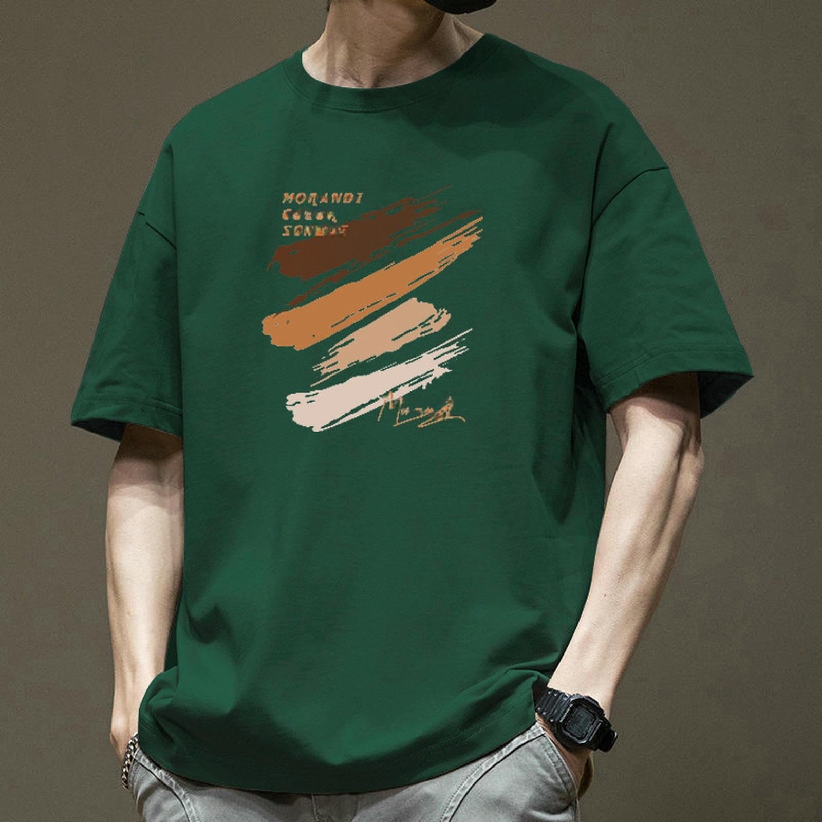 T-shirt męski, okrągły dekolt, letnie topy z krótkim rękawem, szeroki krój, topy, ciemnoszary-S
