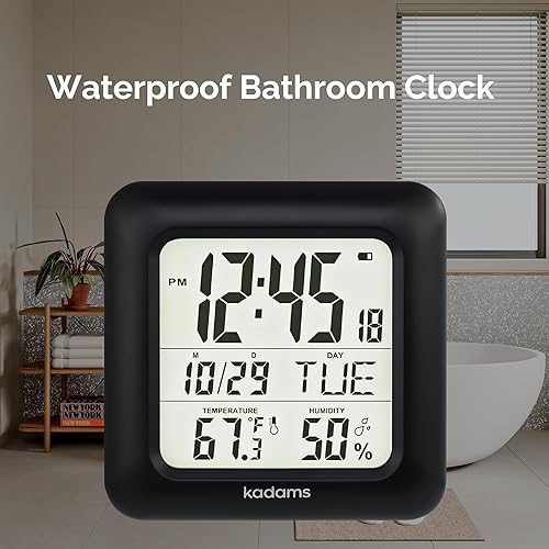 Miniatura 2 de KADAMS Reloj de pared de cocina de 9.5 pulgadas con pantalla LCD grande, reloj de ducha con ventosa, temperatura, humedad, calendario, resistente al