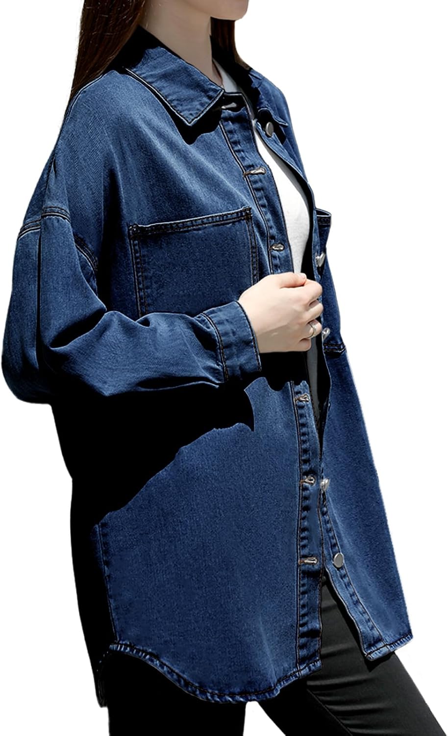 Womens Oversized Denim Shirt Light Blue Button Down Shacket with Pockets Casual Top - Image 4