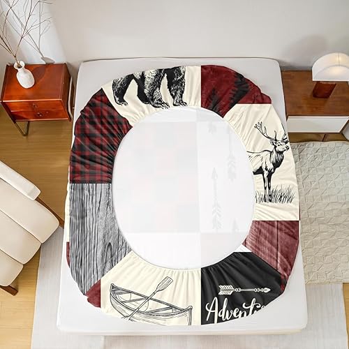 Miniatura 5 de Rustic Lodge - Juego de sábanas tamaño individual con diseño de oso y alce, diseño de retazos, color rojo y negro, a cuadros, ropa de cama de