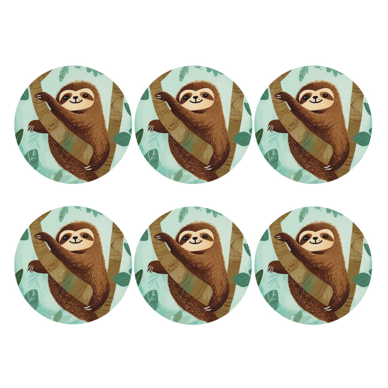 6pcs Leather Coasters for Drinks, Hug Tree Sloth Drink Coasters for Tabletop Protection, 4" Cup Coasters for Coffee Table Decor, Non-Slip Drinking Cup Mat for Hot Or Cold Drink
