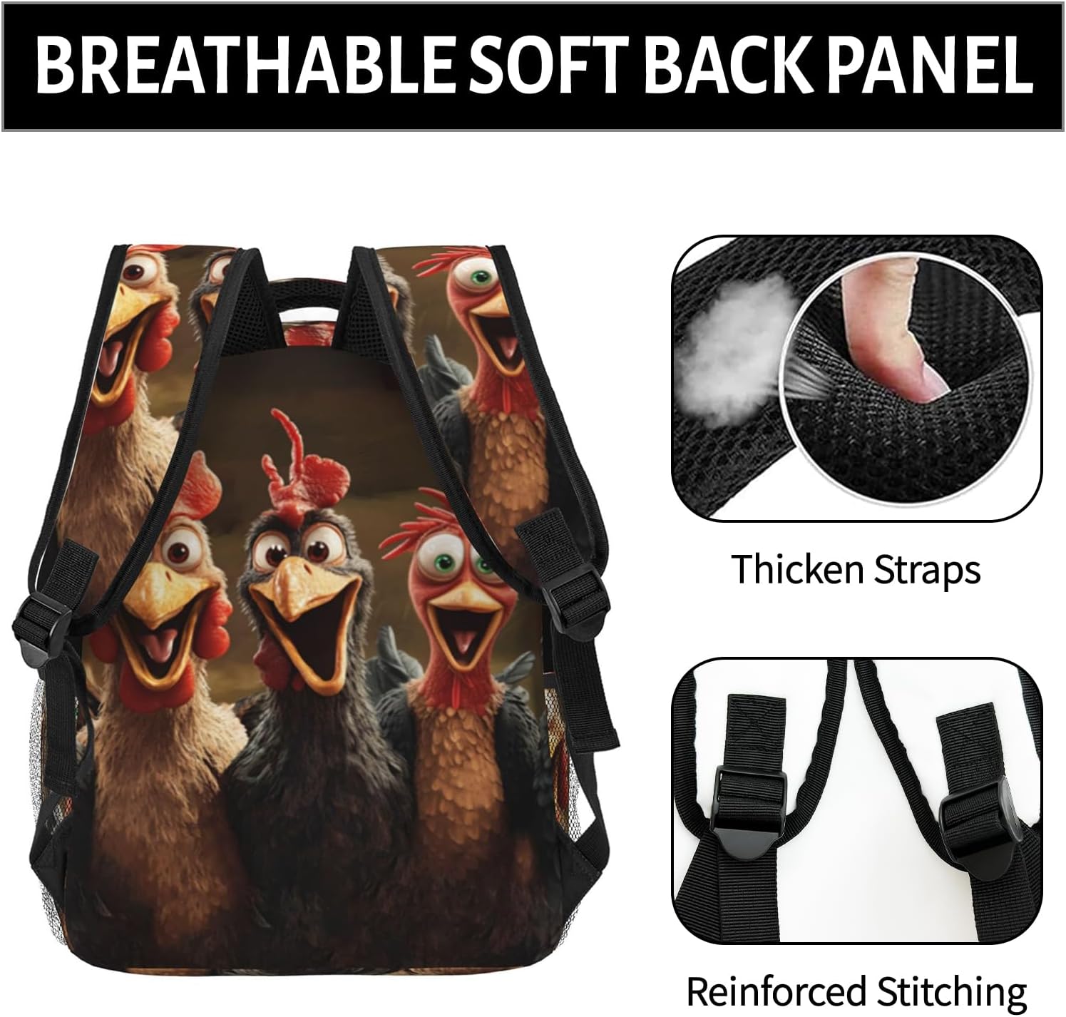 Funny Chicken Backpack, Travel Backpacks Laptop Rucksack for Women, School Bookbag for Kids Girls Boys Teens, Farm Animal Hen Back Pack Accessories Bag for Work, Ideal Gifts for Chicken Lovers