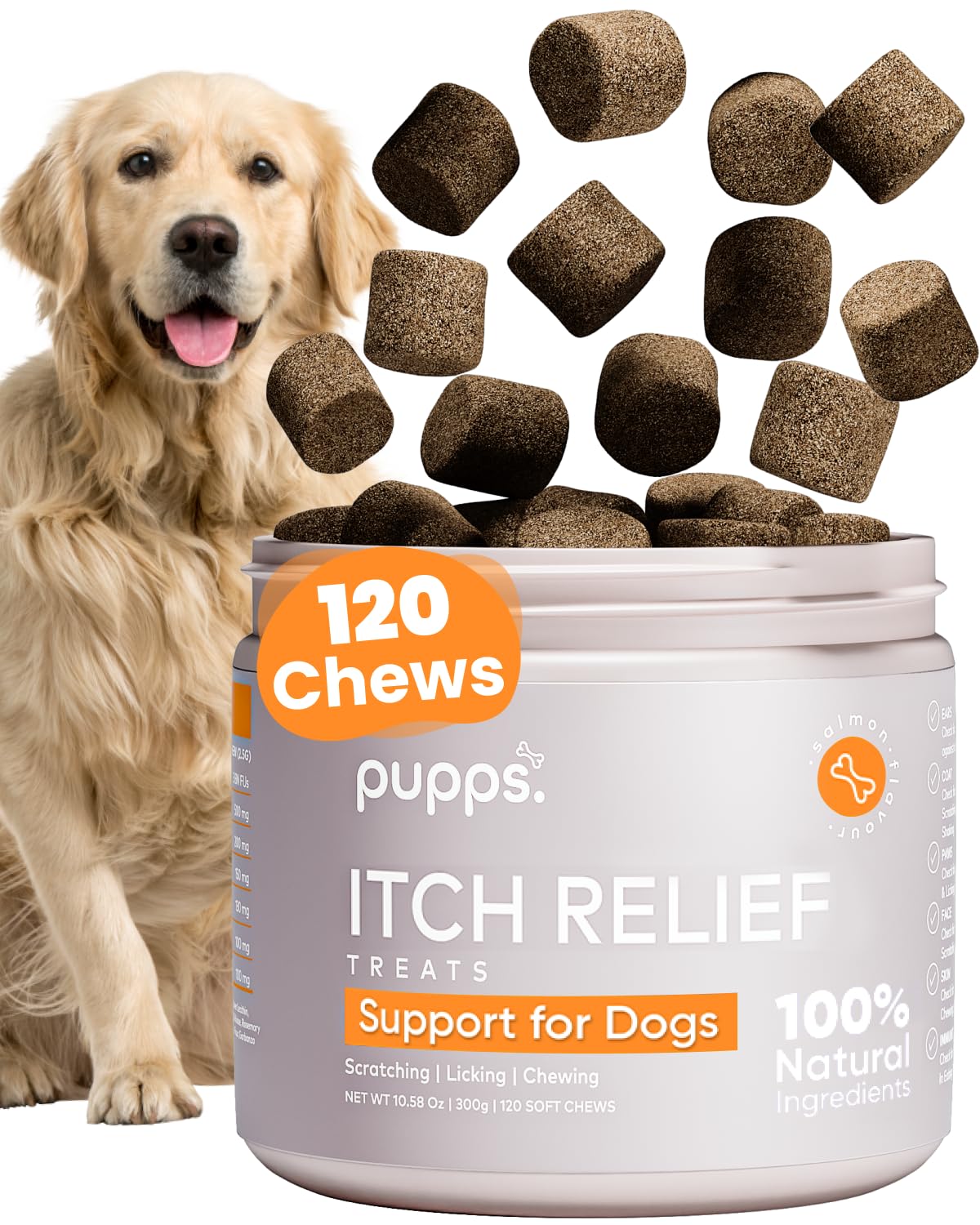 Pupps Itchy Dog Skin Relief Soft Chews | 120 x Anti Itch Treats For Dogs Allergy Relief, Itchy Skin, Paws, Ears, | Natural Dog Antihistamine Tablets | Itch And Immunity For Dogs Coat Irritation