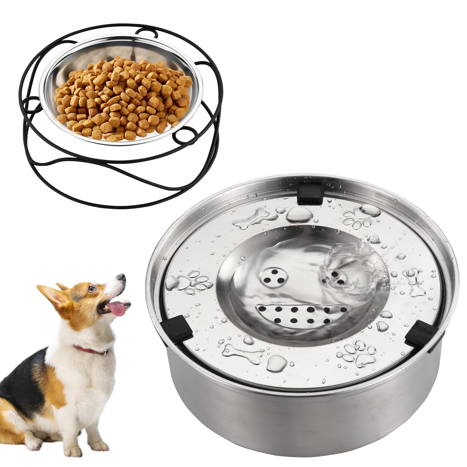 Juego De Bebedero Perro Acero Inoxidable 1L,TazóN De Agua Flotante Antideslizante,Comedero para Perros con Soporte Flotante,DiseñO Desmontable, Adecuado para Todos Los Perros Y Gatos