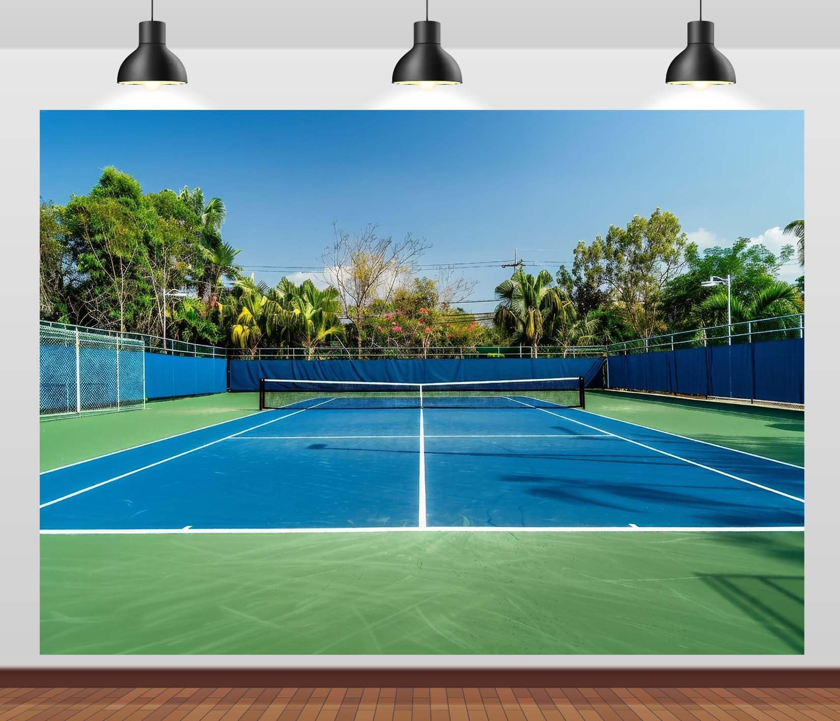 CORFOTO 7x5ft Empty Tennis Court Backdrop Blue and Green Sport Field Modern Tennis Court Stadium Background for Sport Game Active Outdoor Party