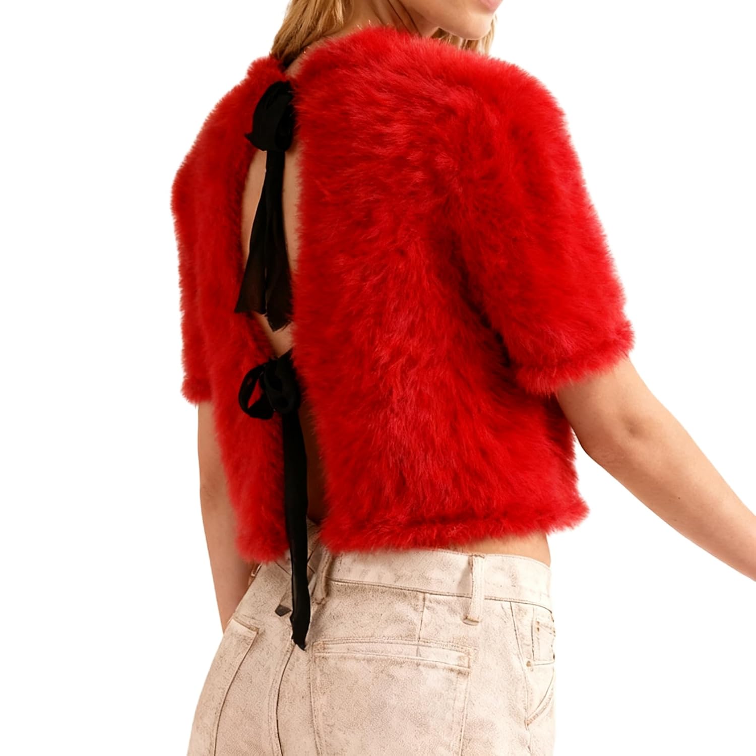 Womens Y2K Fuzzy Sweater Short Sleeve Mohair Crop Furry Sweater Back Tie Bow Knit Casual Faux Fur Jumpers