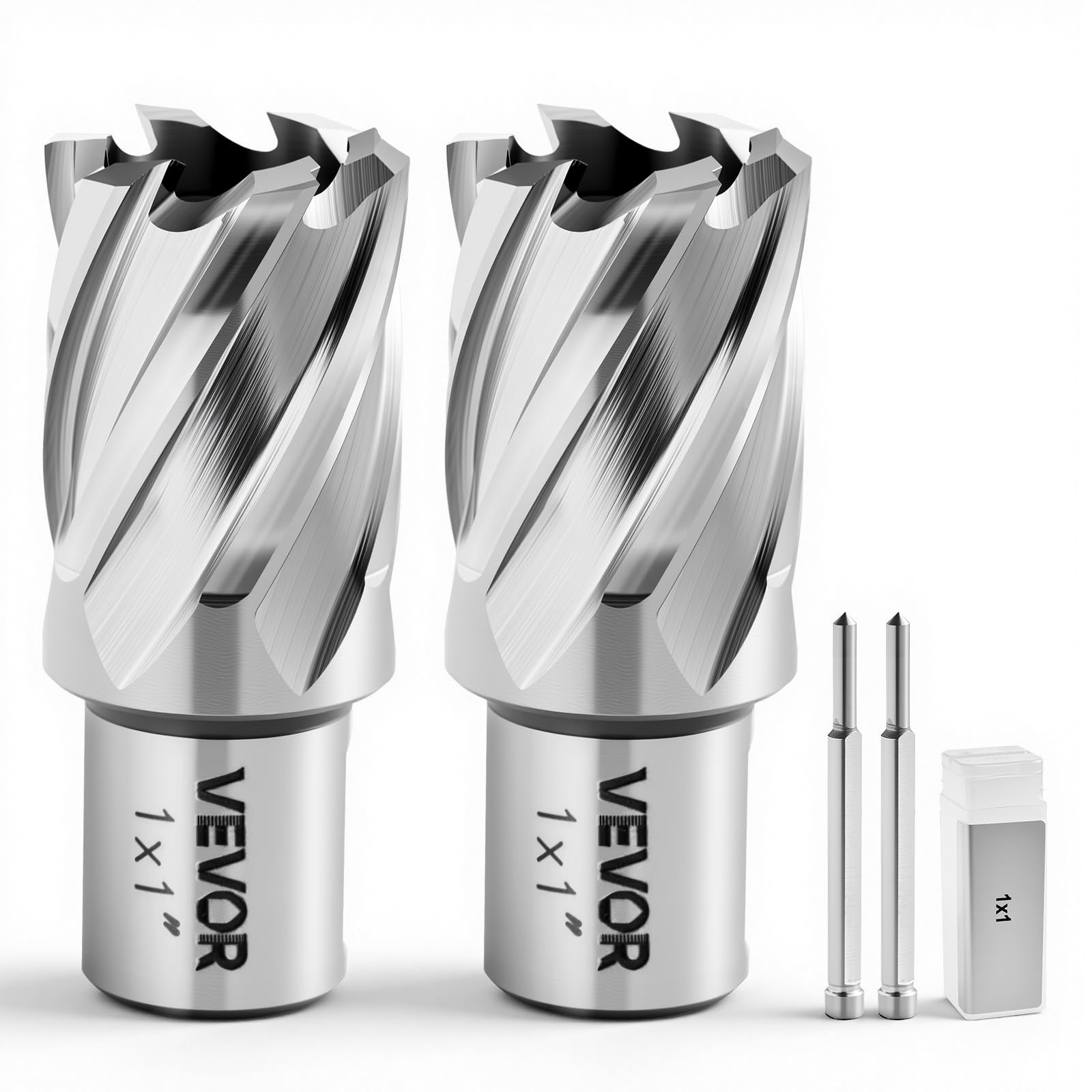 VEVOR Kit de Fraises Annulaires HSS, 4 Pièces, Fraises à Carotter pour Perceuse Magnétique, Queue Weldon, Profondeur de Coupe 25,4 mm, Diamètre 25,4 mm, 2 Goupilles Pilotes, 2 Boîtiers en Plastique