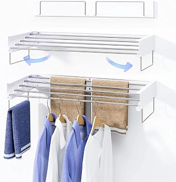 Wall Mounted Laundry Rack, Collapsible Clothes & Towel Drying Rack for Indoor & Outdoor, 40 W x 16.5 L Ft, 60 lb Capacity, White