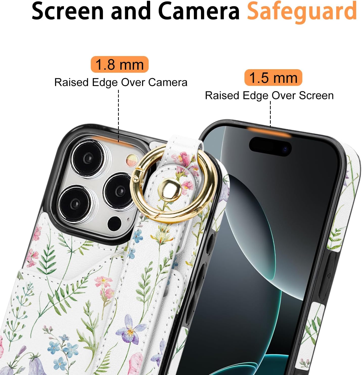 uCOLOR for iPhone 16 Pro Case with Card Holder Key Ring for Women Girls Cute Design with Leather Wallet Credit Holder Cardholder Strap Stand for Apple 16 Pro (Pink Flowers) - Image 7