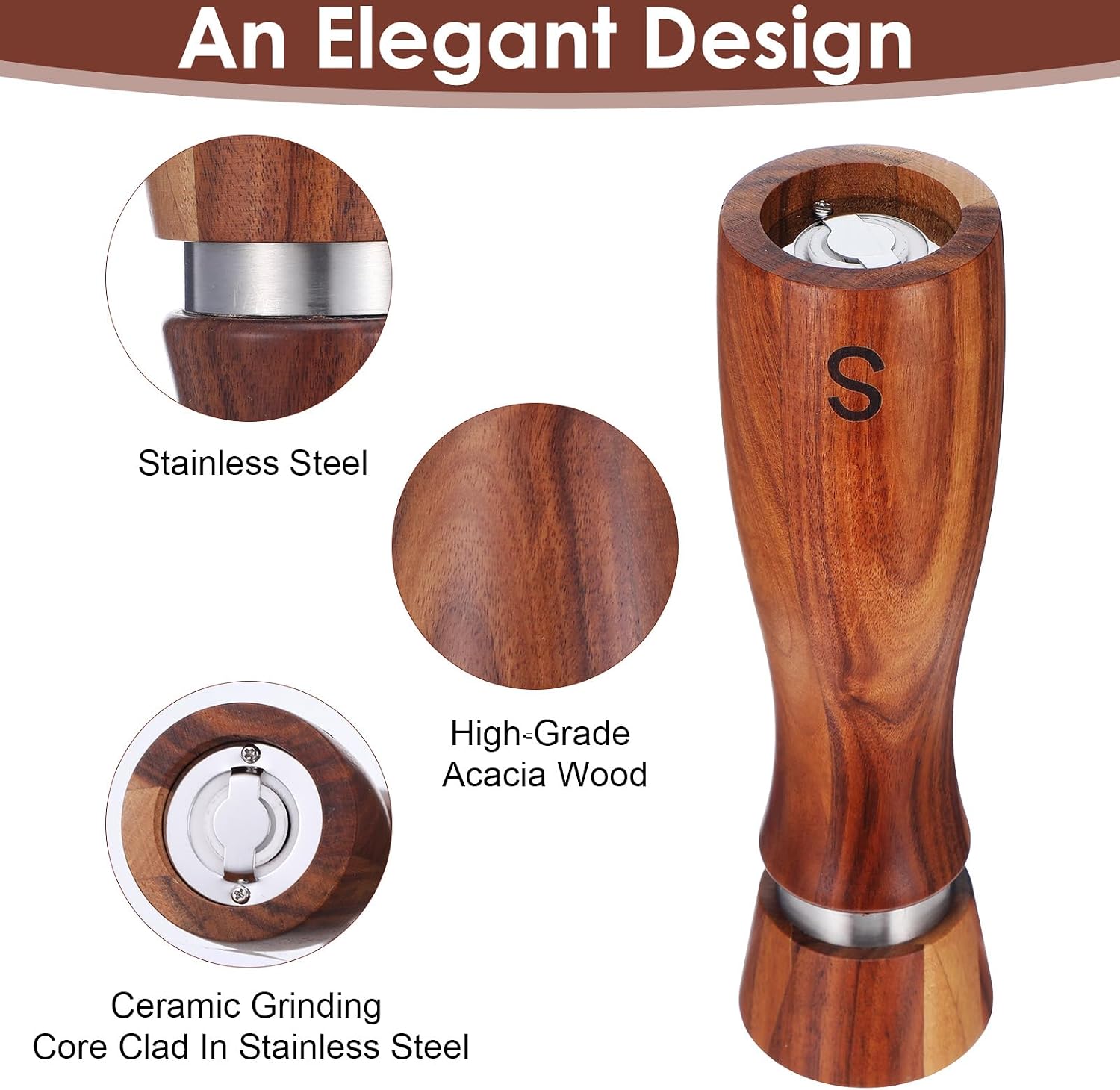 2Pcs Wooden Salt and Pepper Grinder Set, Manual Pepper Grinder with Ceramic Core, Adjustable Coarseness, Along with Salt&Pepper Mill Tray, Spoon (8.7 Inch)